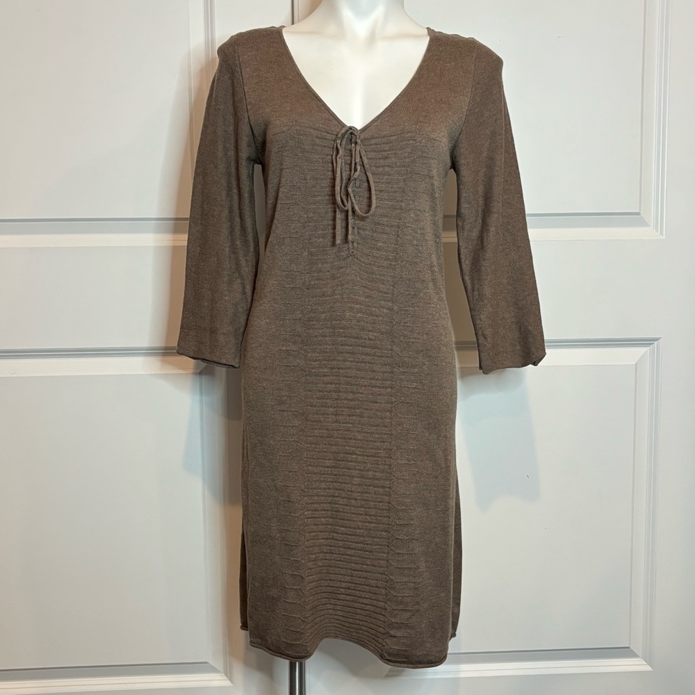 Max Studio Tan Brown Knit V-neck Long Sleeve Lace Up Bow Sweater Dress L
